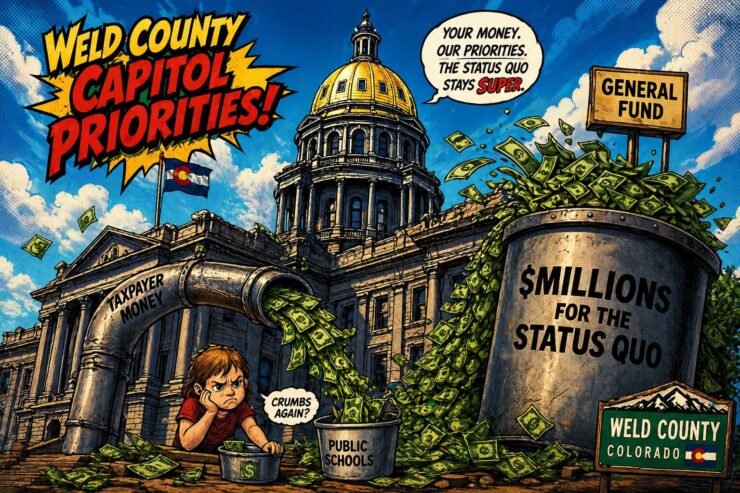 Colorado Capitol with money pipes splitting cash to a small schoolhouse and a larger general fund container
