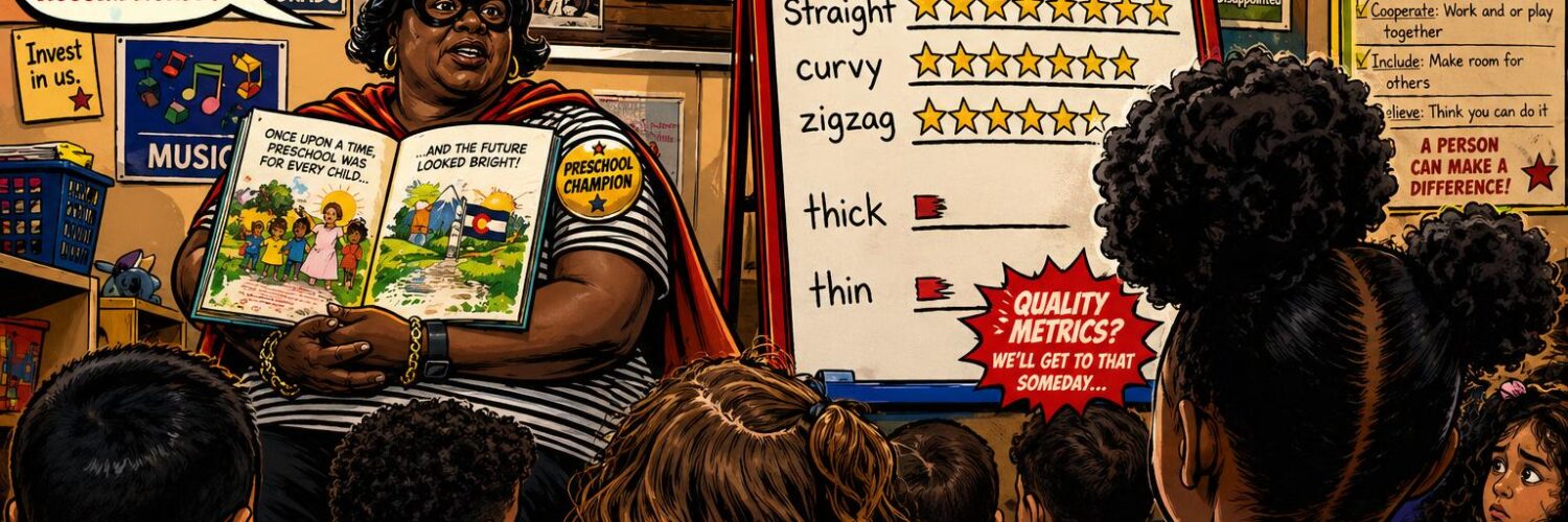 Comic-style Colorado preschool classroom with officials celebrating a 70% access chart and a 2 of 10 quality board