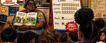 Comic-style Colorado preschool classroom with officials celebrating a 70% access chart and a 2 of 10 quality board