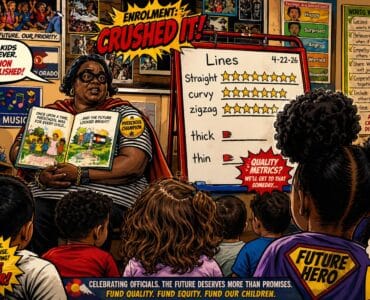 Comic-style Colorado preschool classroom with officials celebrating a 70% access chart and a 2 of 10 quality board