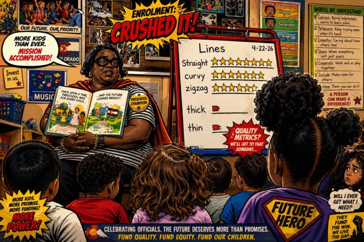 Comic-style Colorado preschool classroom with officials celebrating a 70% access chart and a 2 of 10 quality board