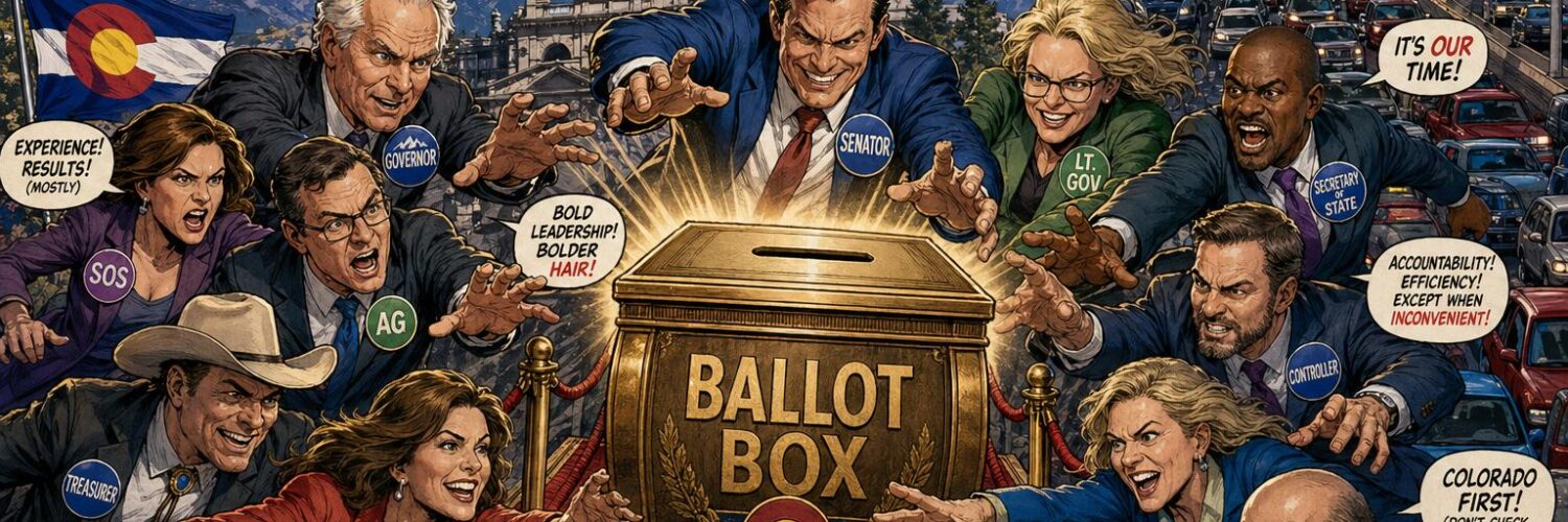 Comic-style Colorado candidates crowd a giant ballot box near the Capitol with mountains and traffic behind them