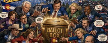 Comic-style Colorado candidates crowd a giant ballot box near the Capitol with mountains and traffic behind them