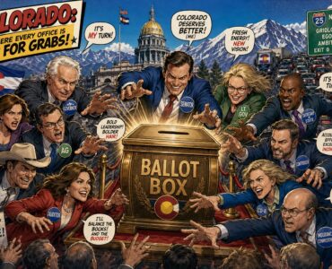 Comic-style Colorado candidates crowd a giant ballot box near the Capitol with mountains and traffic behind them