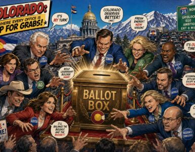 Comic-style Colorado candidates crowd a giant ballot box near the Capitol with mountains and traffic behind them