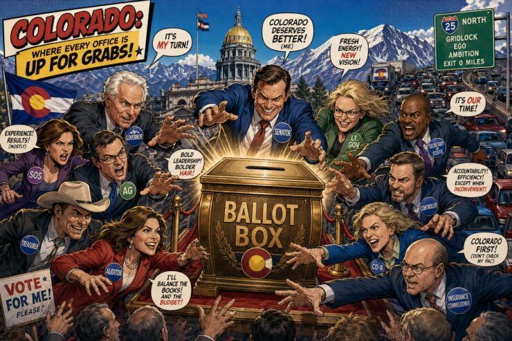 Comic-style Colorado candidates crowd a giant ballot box near the Capitol with mountains and traffic behind them