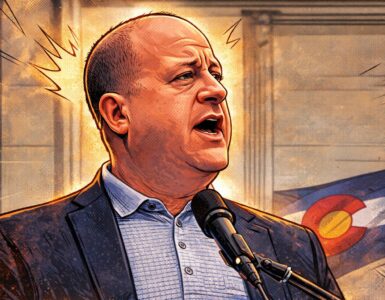Comic-style illustration of Jared Polis signing a bill at a desk with a Colorado flag behind him
