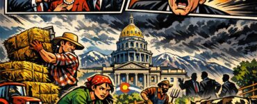 Comic-style Colorado farm scene with lawmakers at the Capitol and farmworkers in a field during harvest