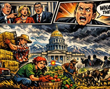 Comic-style Colorado farm scene with lawmakers at the Capitol and farmworkers in a field during harvest