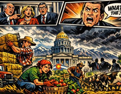 Comic-style Colorado farm scene with lawmakers at the Capitol and farmworkers in a field during harvest