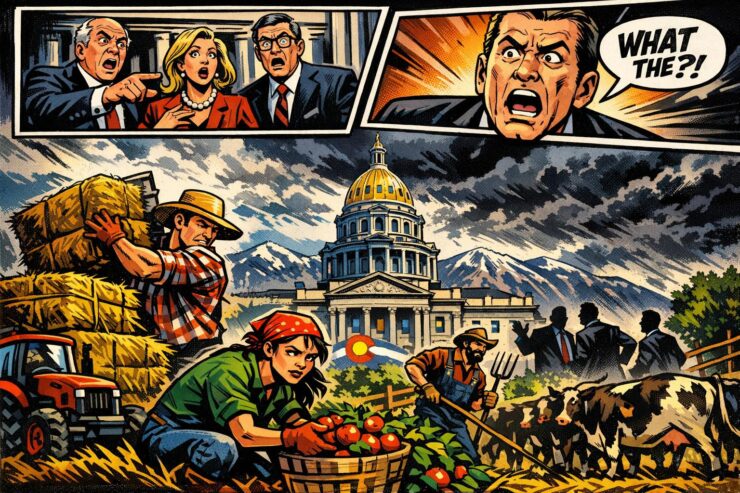 Comic-style Colorado farm scene with lawmakers at the Capitol and farmworkers in a field during harvest