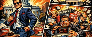 Comic-style Colorado Capitol looming over office workers as a lawmaker walks away from a job desk