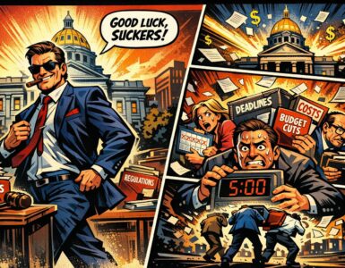 Comic-style Colorado Capitol looming over office workers as a lawmaker walks away from a job desk
