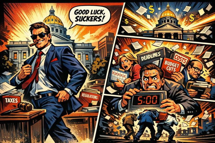 Comic-style Colorado Capitol looming over office workers as a lawmaker walks away from a job desk