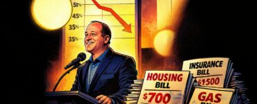 Comic-style illustration of Jared Polis under falling poll numbers with Colorado mountains behind him