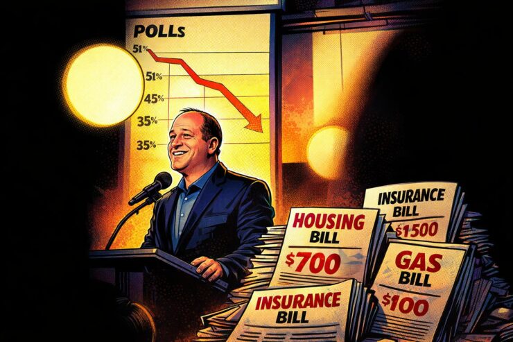 Comic-style illustration of Jared Polis under falling poll numbers with Colorado mountains behind him