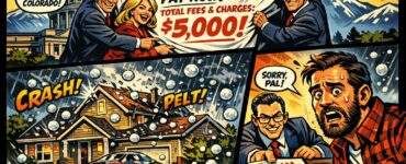 Comic-style illustration of Colorado lawmakers presenting a homeowners insurance fee over a suburban house in a hailstorm.