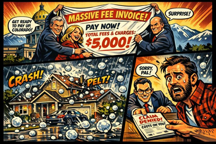 Comic-style illustration of Colorado lawmakers presenting a homeowners insurance fee over a suburban house in a hailstorm.
