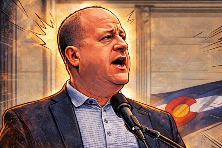 Comic-style illustration of Jared Polis signing a bill at a desk with a Colorado flag behind him