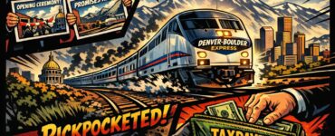 Comic-style passenger train approaching downtown Denver with Front Range mountains in the background