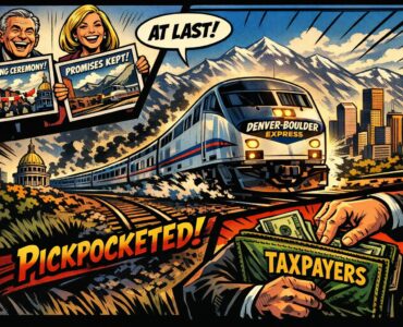 Comic-style passenger train approaching downtown Denver with Front Range mountains in the background