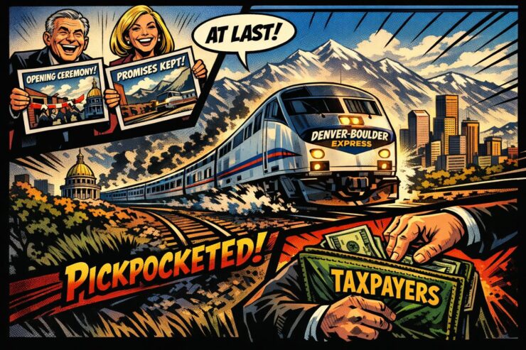 Comic-style passenger train approaching downtown Denver with Front Range mountains in the background