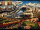 Comic-style passenger train approaching downtown Denver with Front Range mountains in the background