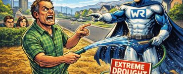 Comic-style suburban homeowner under water restriction notices in Brighton, with a dry lawn and Front Range homes behind.