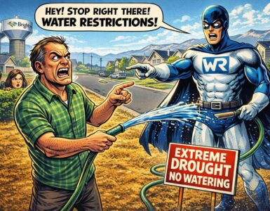 Comic-style suburban homeowner under water restriction notices in Brighton, with a dry lawn and Front Range homes behind.