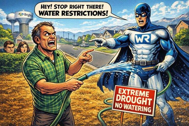 Comic-style suburban homeowner under water restriction notices in Brighton, with a dry lawn and Front Range homes behind.