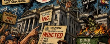 Colorado Capitol scene with lawmakers, voter guardrails, secret memos, donor money, and an RTD bus