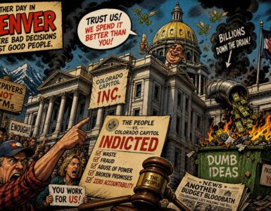 Colorado Capitol scene with lawmakers, voter guardrails, secret memos, donor money, and an RTD bus