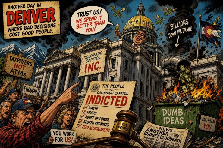 Colorado Capitol scene with lawmakers, voter guardrails, secret memos, donor money, and an RTD bus