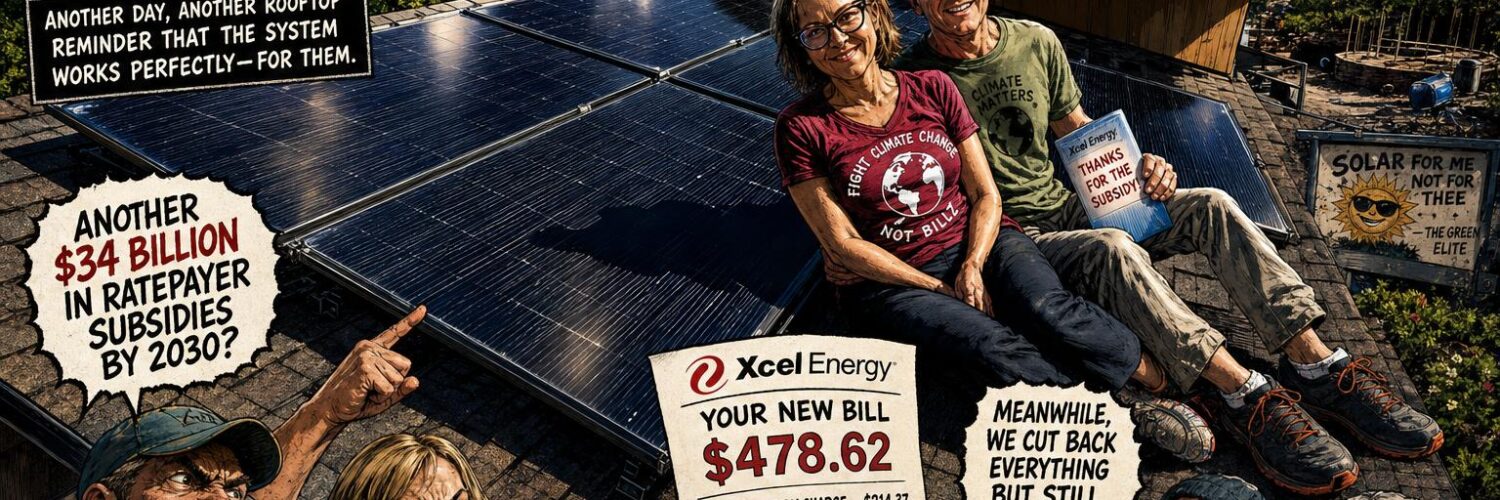Colorado solar fees shown as utility bills beside rooftop panels and mountains