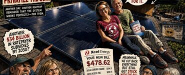 Colorado solar fees shown as utility bills beside rooftop panels and mountains