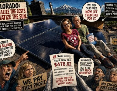 Colorado solar fees shown as utility bills beside rooftop panels and mountains