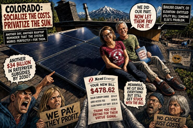 Colorado solar fees shown as utility bills beside rooftop panels and mountains
