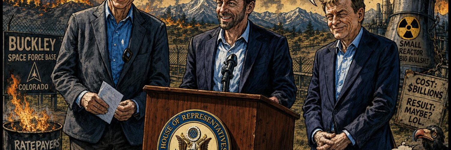 Comic-style Buckley Space Force Base scene with a small nuclear reactor and Colorado officials near the Front Range