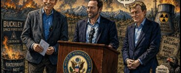 Comic-style Buckley Space Force Base scene with a small nuclear reactor and Colorado officials near the Front Range