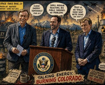 Comic-style Buckley Space Force Base scene with a small nuclear reactor and Colorado officials near the Front Range