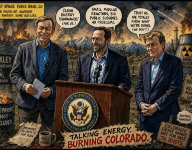 Comic-style Buckley Space Force Base scene with a small nuclear reactor and Colorado officials near the Front Range