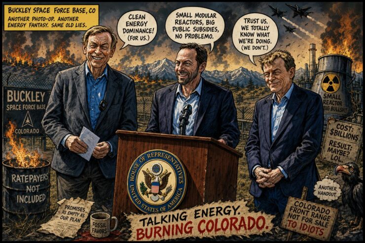 Comic-style Buckley Space Force Base scene with a small nuclear reactor and Colorado officials near the Front Range