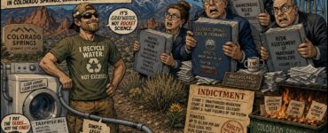 Comic Colorado Springs graywater scene with resident, washing machine, bureaucrats, and dry shrubs