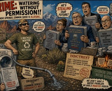 Comic Colorado Springs graywater scene with resident, washing machine, bureaucrats, and dry shrubs
