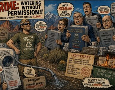 Comic Colorado Springs graywater scene with resident, washing machine, bureaucrats, and dry shrubs