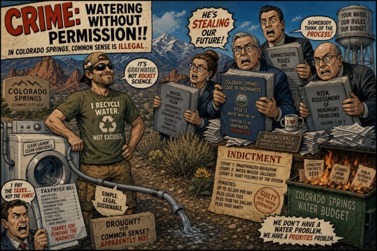 Comic Colorado Springs graywater scene with resident, washing machine, bureaucrats, and dry shrubs