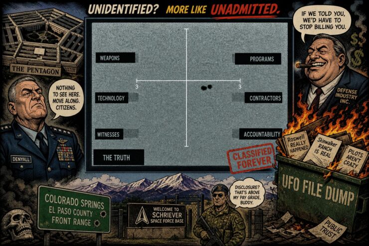 UFO investigator under a Colorado night sky watching a Pentagon official dump thin files from a broom closet