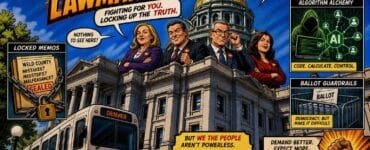Comic-style Colorado lawmakers at the Capitol with locked memos, an RTD train and algorithm symbols
