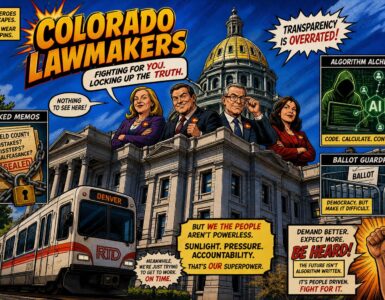 Comic-style Colorado lawmakers at the Capitol with locked memos, an RTD train and algorithm symbols