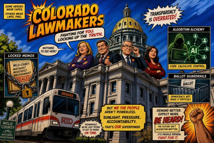 Comic-style Colorado lawmakers at the Capitol with locked memos, an RTD train and algorithm symbols